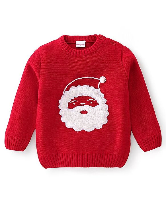 Babyhug Knitted Full Sleeves Santa Claus Design Sweater & Pajama Set - Red