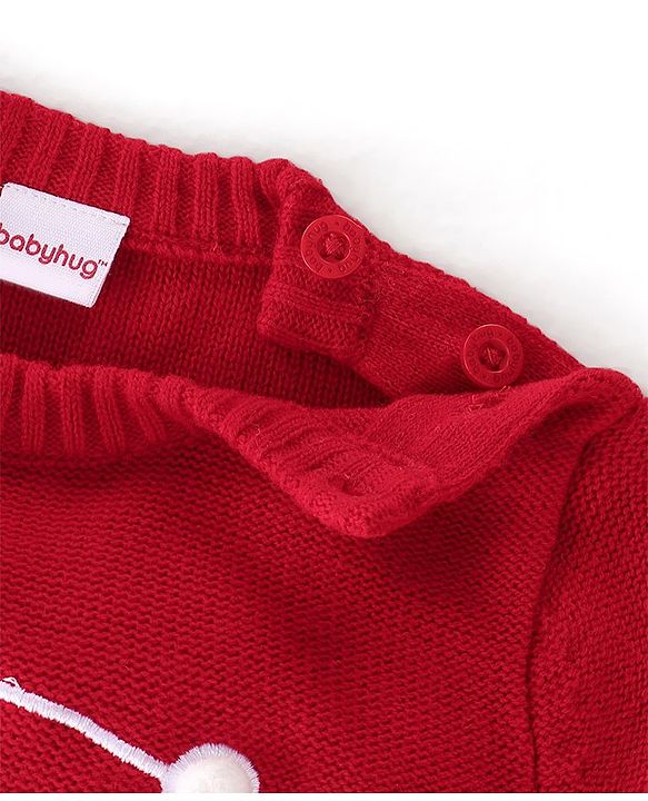 Babyhug Knitted Full Sleeves Santa Claus Design Sweater & Pajama Set - Red