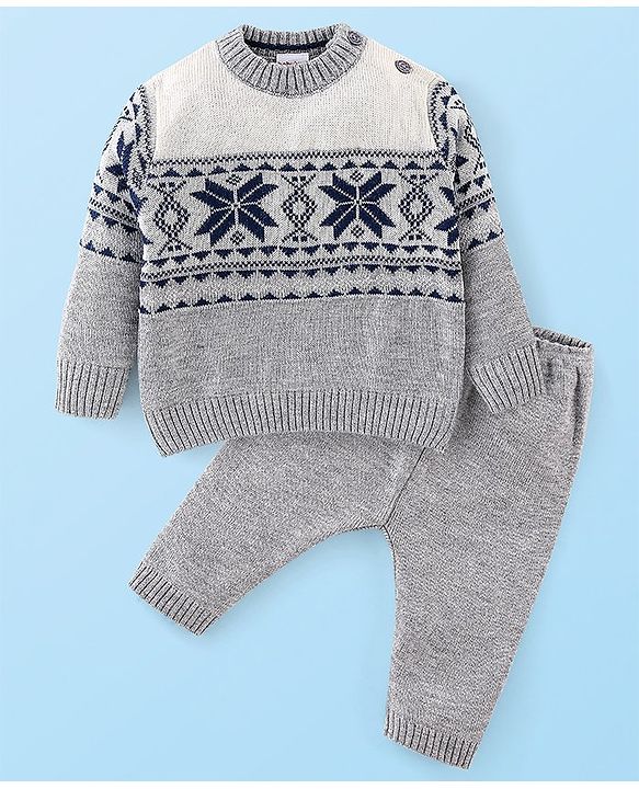 Babyhug Cotton Knit Full Sleeves Sweater Set Cable Knit Design- Grey