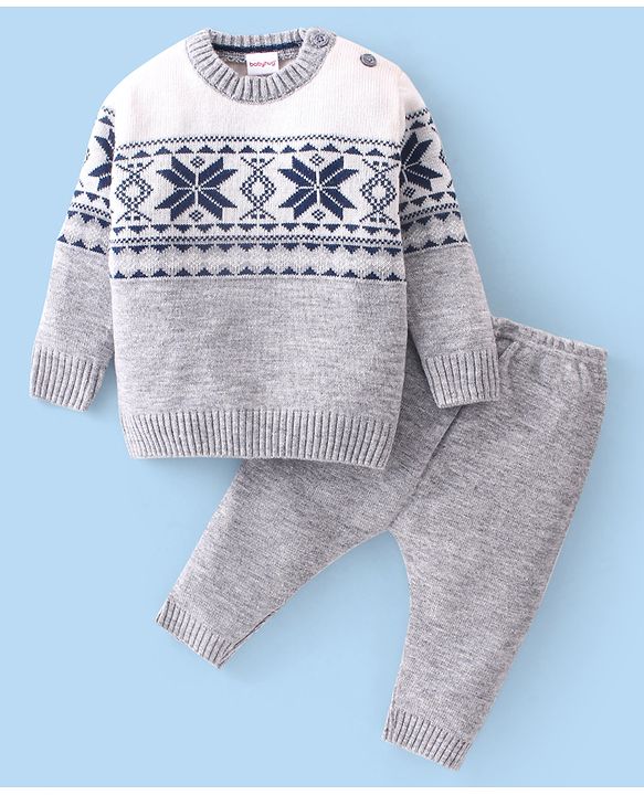 Babyhug Cotton Knit Full Sleeves Sweater Set Cable Knit Design- Grey