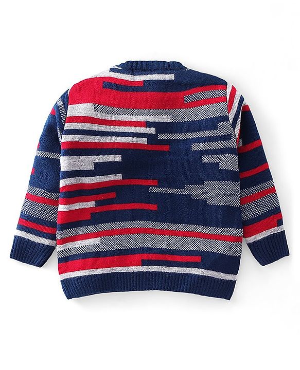 Babyhug Knitted Full Sleeves Striped Sweater & Pajama Set - Navy Blue