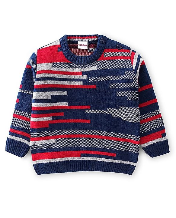 Babyhug Knitted Full Sleeves Striped Sweater & Pajama Set - Navy Blue