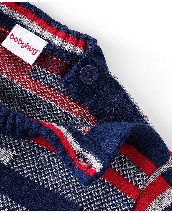 Babyhug Knitted Full Sleeves Striped Sweater & Pajama Set - Navy Blue