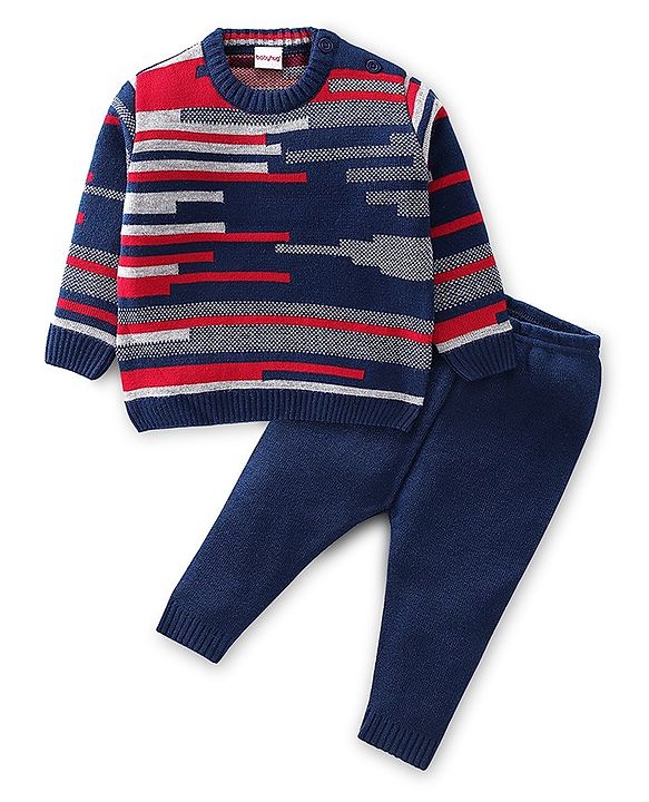Babyhug Knitted Full Sleeves Striped Sweater & Pajama Set - Navy Blue
