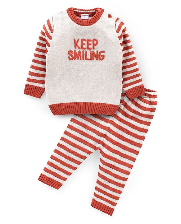 Babyhug Knit Full Sleeves Sweater Set With Text Embroidery - Orange & White