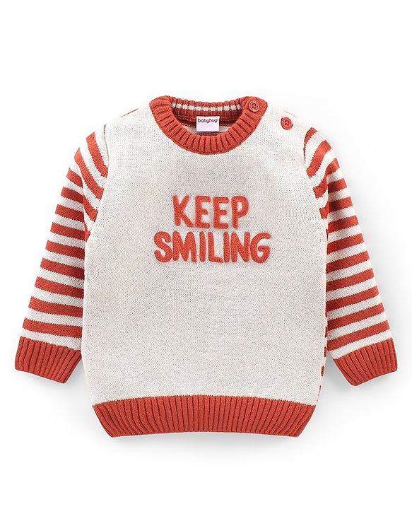 Babyhug Knit Full Sleeves Sweater Set With Text Embroidery - Orange & White