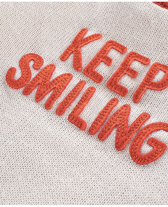 Babyhug Knit Full Sleeves Sweater Set With Text Embroidery - Orange & White