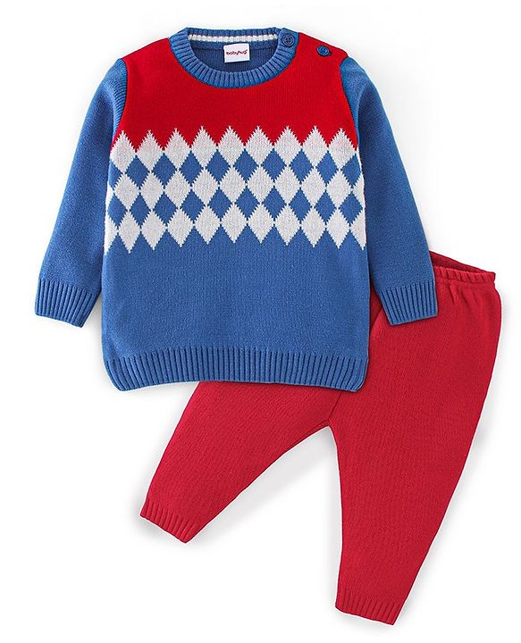 Babyhug Knit Full Sleeves Sweater Set Checks Design - Red & Blue
