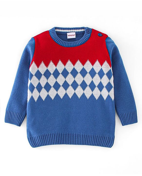Babyhug Knit Full Sleeves Sweater Set Checks Design - Red & Blue