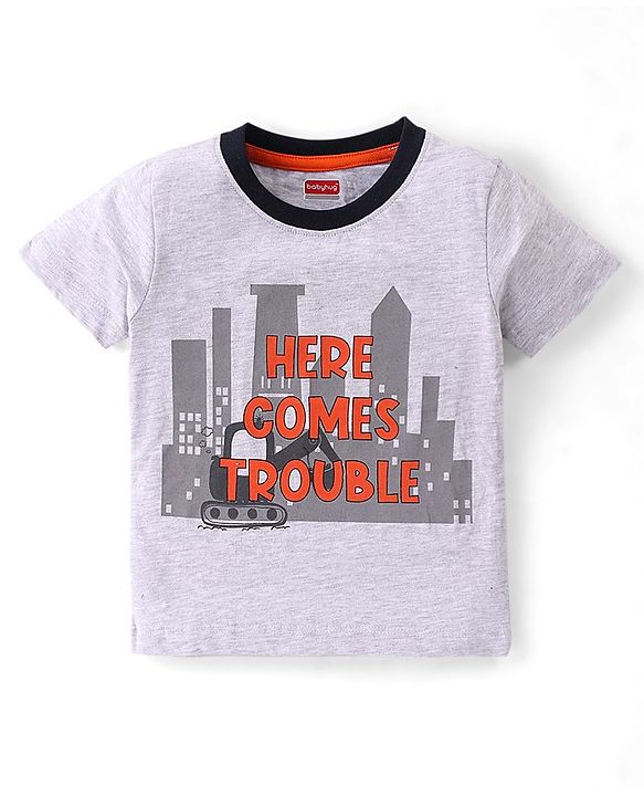 Babyhug Cotton Knit Half Sleeves Night Suit City Print - Grey Melange & Navy Blue