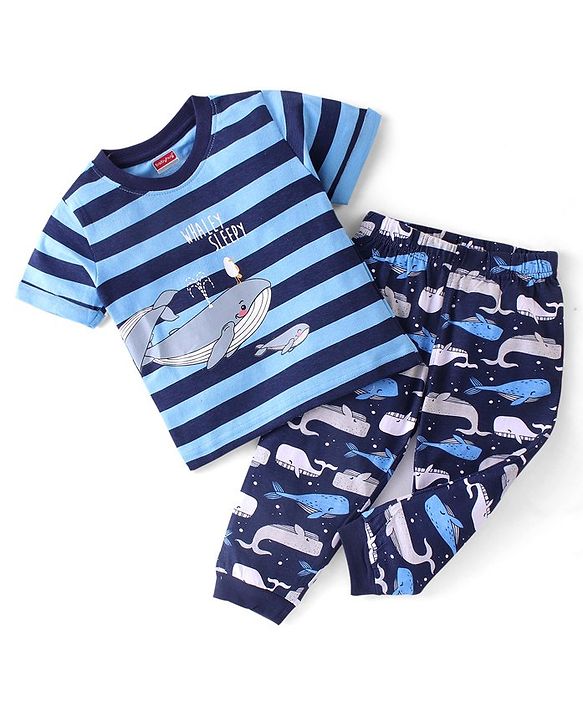 Babyhug Cotton Knit Half Sleeves Striped Night Suit Whale Print - Blue