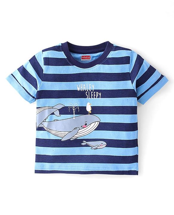Babyhug Cotton Knit Half Sleeves Striped Night Suit Whale Print - Blue
