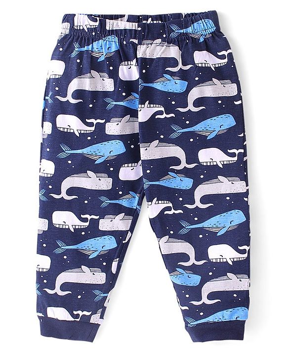 Babyhug Cotton Knit Half Sleeves Striped Night Suit Whale Print - Blue