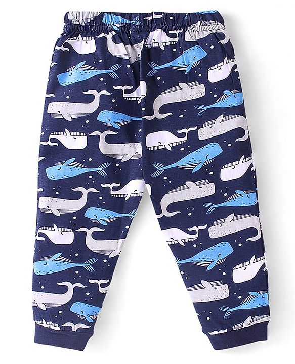 Babyhug Cotton Knit Half Sleeves Striped Night Suit Whale Print - Blue