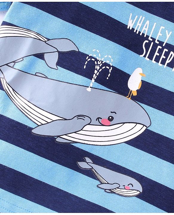 Babyhug Cotton Knit Half Sleeves Striped Night Suit Whale Print - Blue