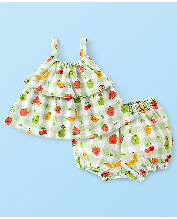 Babyhug 100% Cotton Knit Singlet Sleeves Checks & Fruits Printed Top & Shorts Set - Green & White