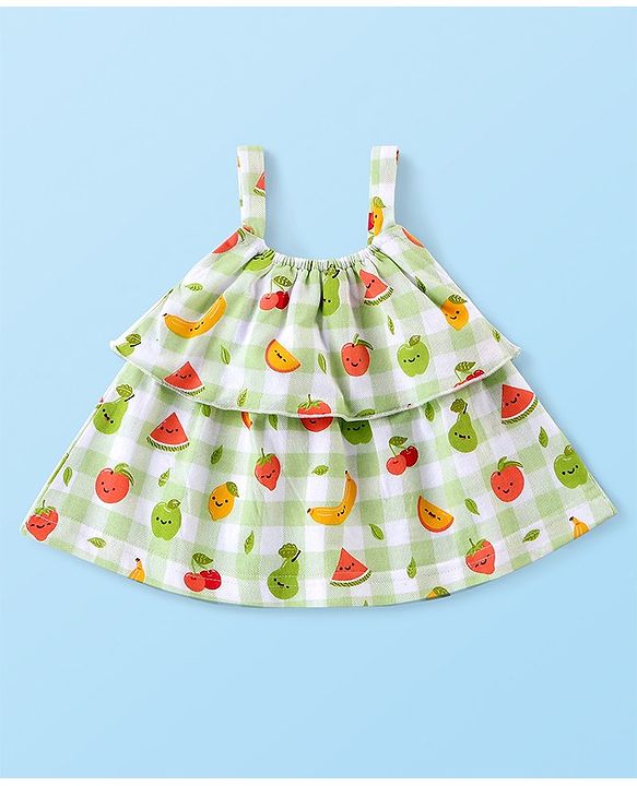 Babyhug 100% Cotton Knit Singlet Sleeves Checks & Fruits Printed Top & Shorts Set - Green & White