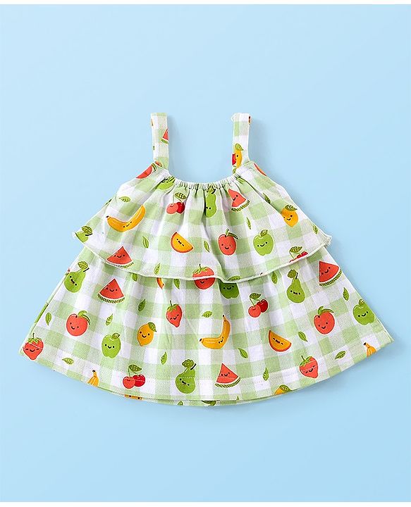 Babyhug 100% Cotton Knit Singlet Sleeves Checks & Fruits Printed Top & Shorts Set - Green & White
