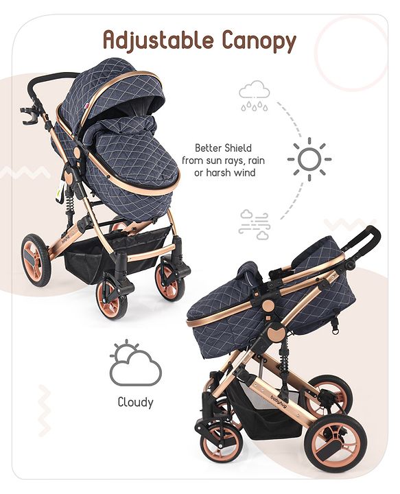 Babyhug Majestic Stroller Cum Carry Cot With Canopy - Blue Checked