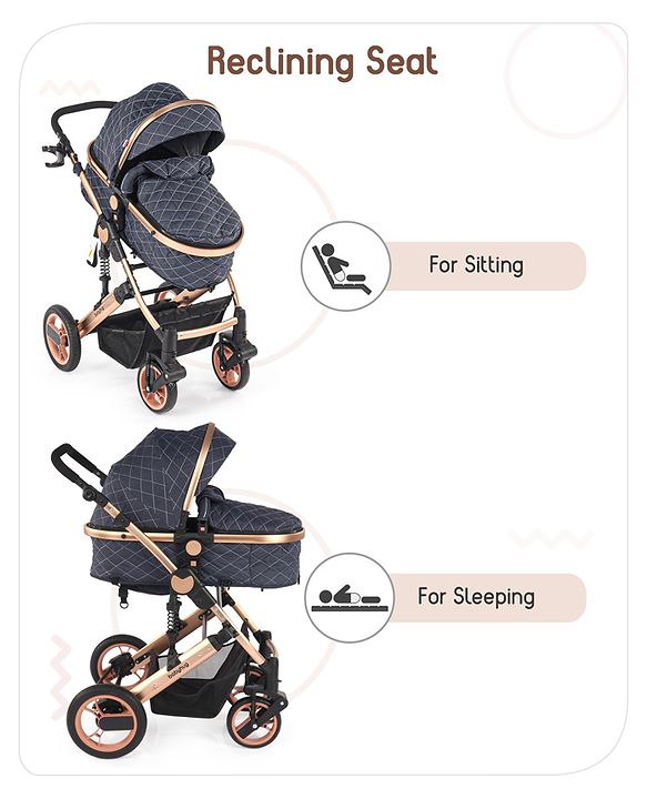 Babyhug Majestic Stroller Cum Carry Cot With Canopy - Blue Checked