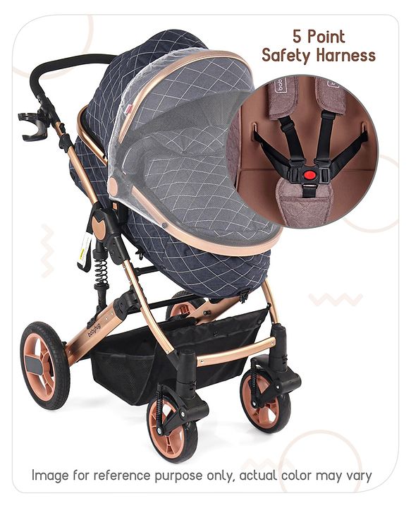 Babyhug Majestic Stroller Cum Carry Cot With Canopy - Blue Checked