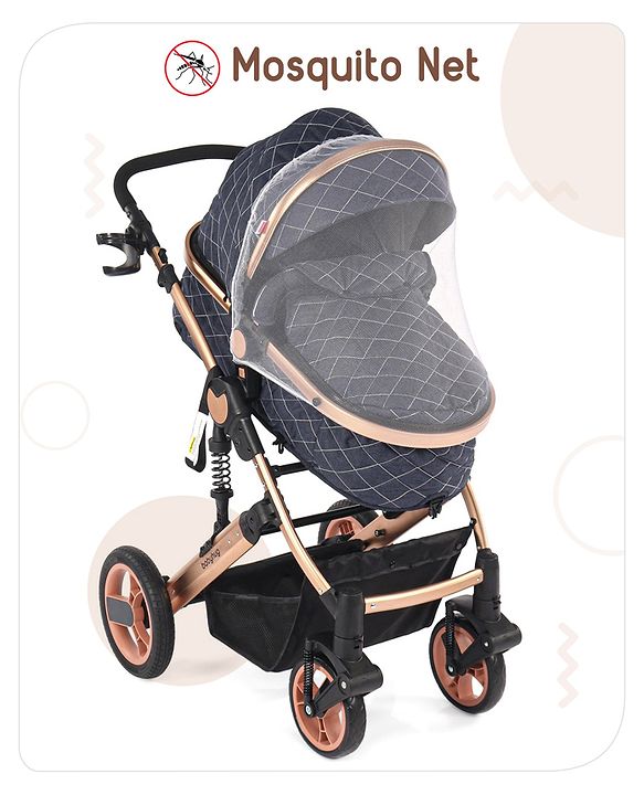 Babyhug Majestic Stroller Cum Carry Cot With Canopy - Blue Checked