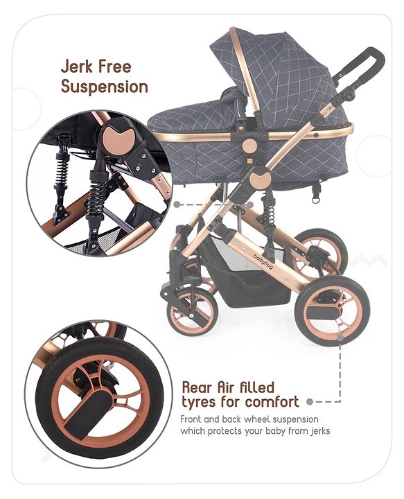 Babyhug Majestic Stroller Cum Carry Cot With Canopy - Blue Checked