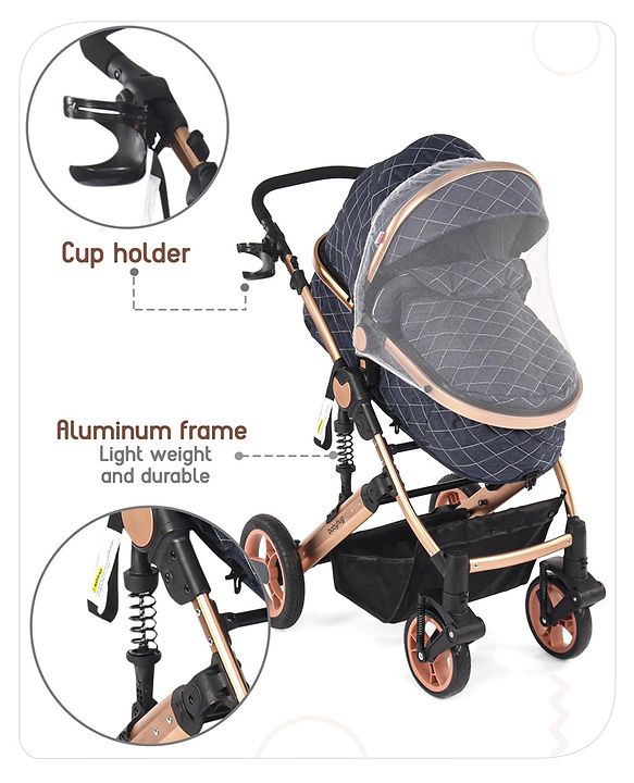 Babyhug Majestic Stroller Cum Carry Cot With Canopy - Blue Checked