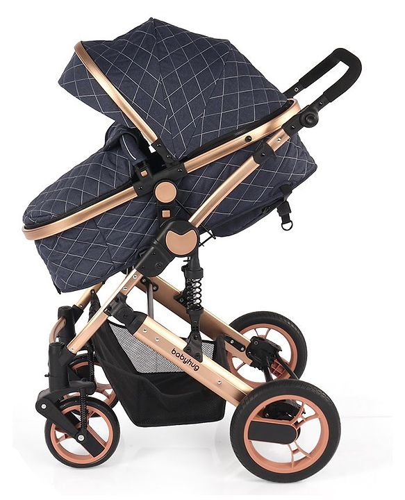 Babyhug Majestic Stroller Cum Carry Cot With Canopy - Blue Checked
