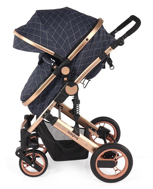 Babyhug Majestic Stroller Cum Carry Cot With Canopy - Blue Checked