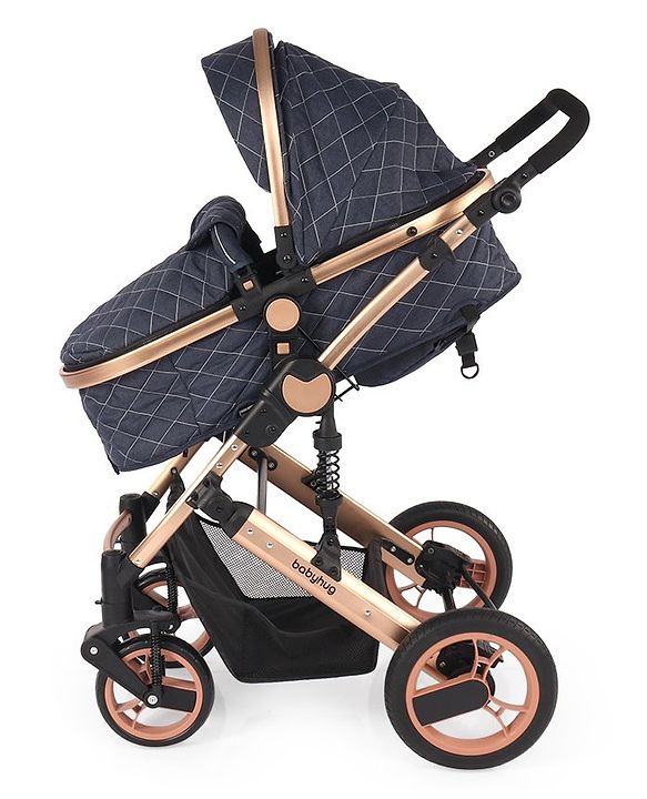Babyhug Majestic Stroller Cum Carry Cot With Canopy - Blue Checked