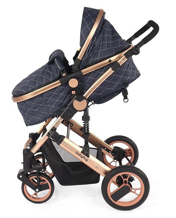 Babyhug Majestic Stroller Cum Carry Cot With Canopy - Blue Checked