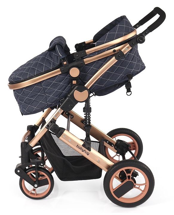 Babyhug Majestic Stroller Cum Carry Cot With Canopy - Blue Checked