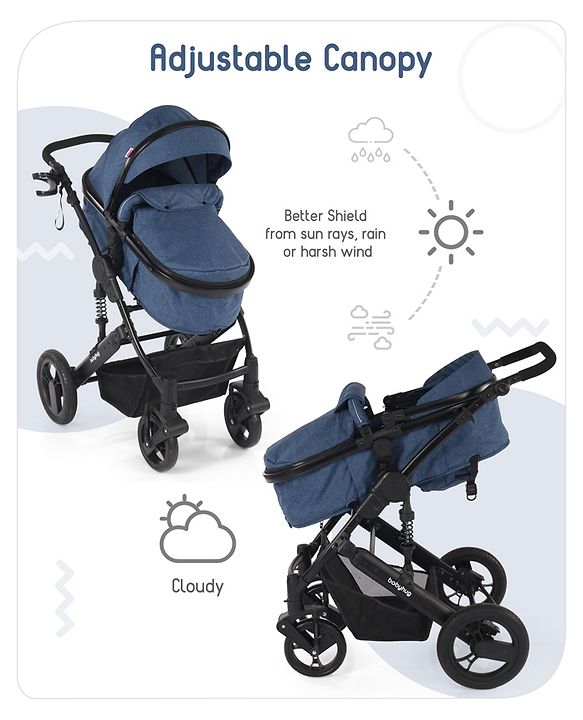 Babyhug Majestic Stroller Cum Carry Cot With Canopy - Royal Blue