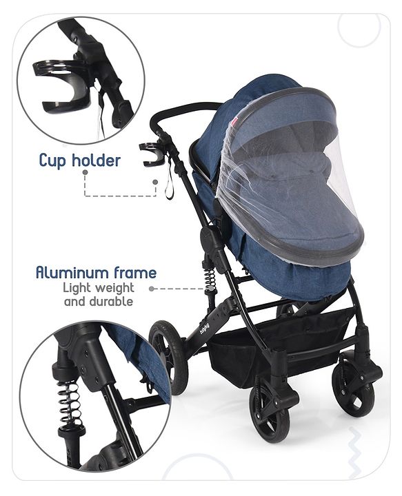 Babyhug Majestic Stroller Cum Carry Cot With Canopy - Royal Blue