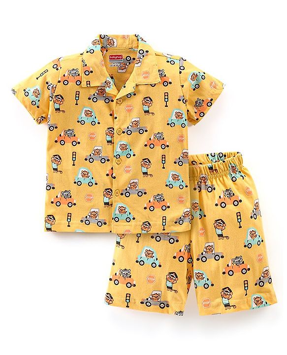 Babyhug Cotton Knit Half Sleeves Vehicle Print Night Suit - Yellow