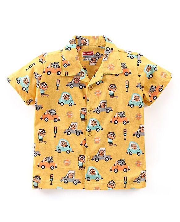 Babyhug Cotton Knit Half Sleeves Vehicle Print Night Suit - Yellow