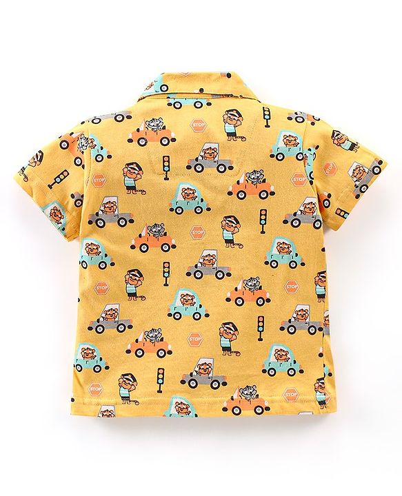 Babyhug Cotton Knit Half Sleeves Vehicle Print Night Suit - Yellow