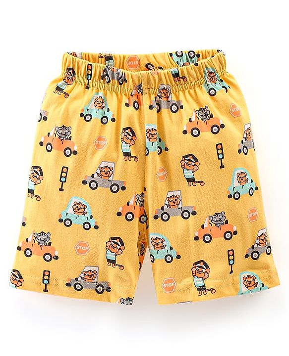 Babyhug Cotton Knit Half Sleeves Vehicle Print Night Suit - Yellow