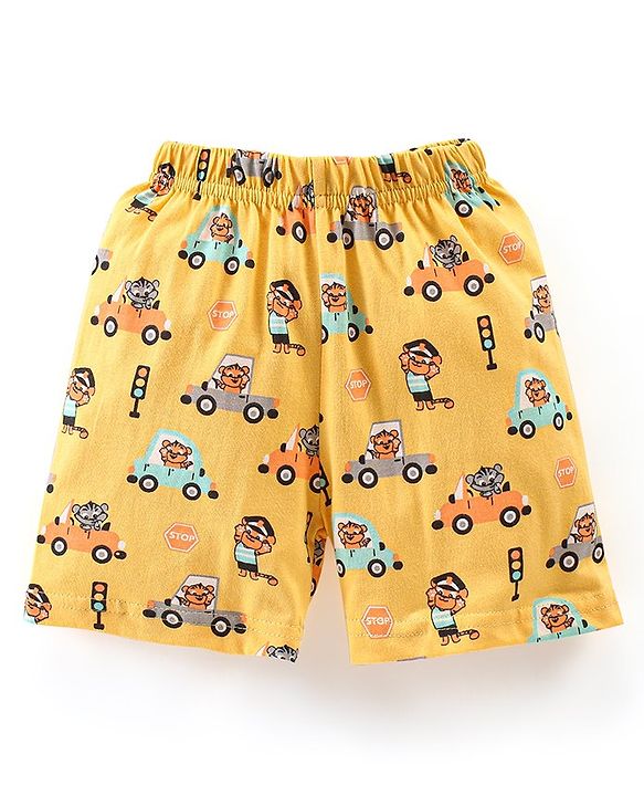 Babyhug Cotton Knit Half Sleeves Vehicle Print Night Suit - Yellow