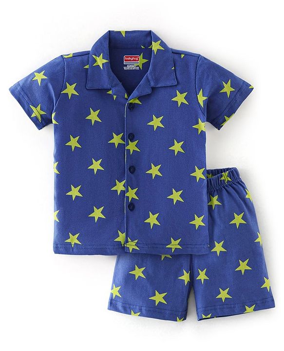 Babyhug Cotton Half Sleeves Night Suit Stars Print- Blue