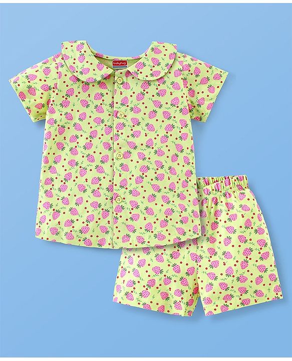 Babyhug Cotton Half Sleeves Night Suit Strawberry Print- Green
