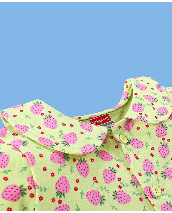 Babyhug Cotton Half Sleeves Night Suit Strawberry Print- Green