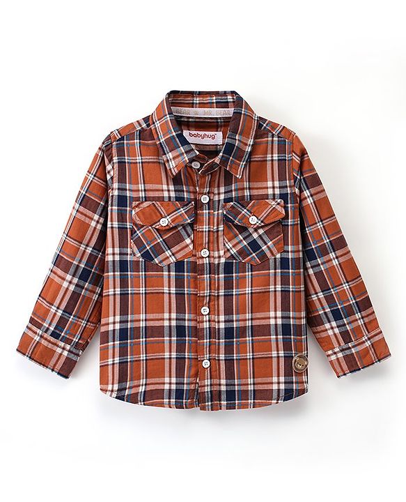 Babyhug 100% Cotton Full Sleeves Check Shirt - Brown