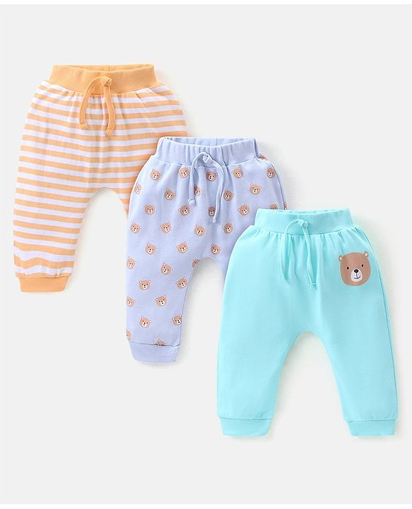 Babyhug Cotton Full Length Diaper Pants Stripes & Bear Print Pack Of 3- Blue & Orange