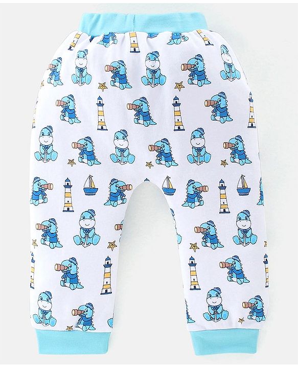Babyhug Cotton Full Length Diaper Pants Stripes & Dino Print Pack Of 3- Red Blue & White