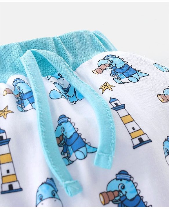 Babyhug Cotton Full Length Diaper Pants Stripes & Dino Print Pack Of 3- Red Blue & White