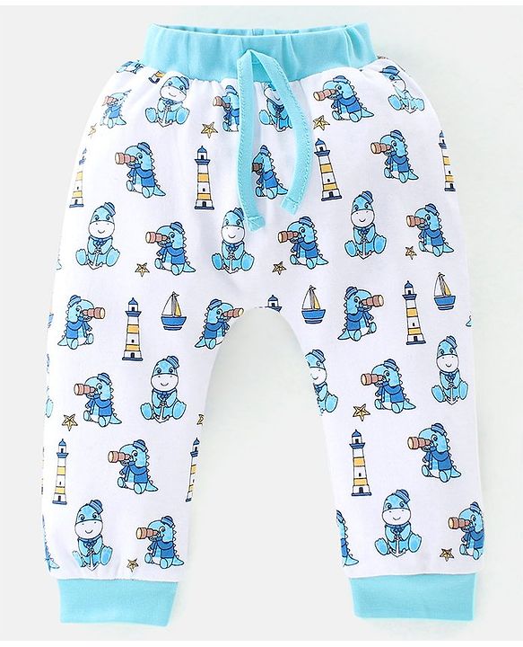 Babyhug Cotton Full Length Diaper Pants Stripes & Dino Print Pack Of 3- Red Blue & White