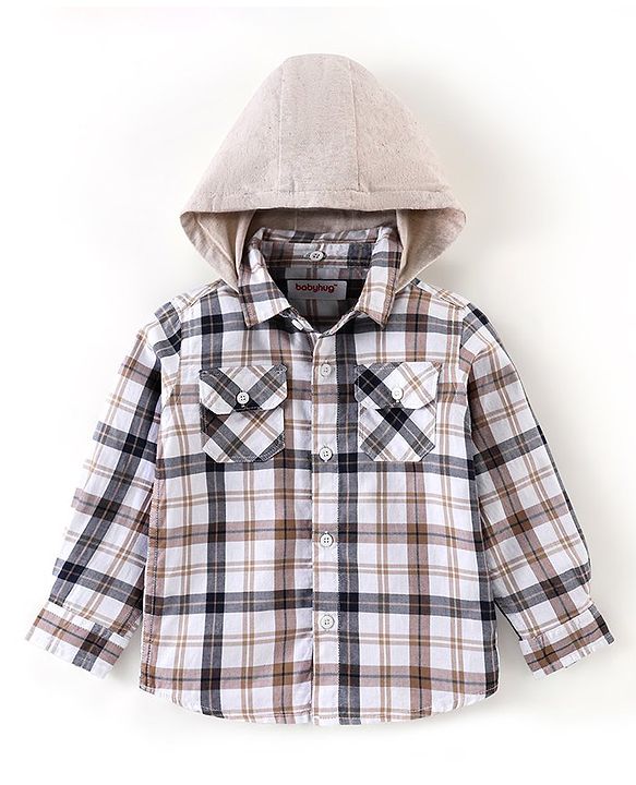Babyhug 100% Cotton Full Sleeves Checks Two Pocket Shirt with Detachable Hood - White