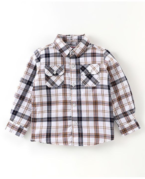 Babyhug 100% Cotton Full Sleeves Checks Two Pocket Shirt with Detachable Hood - White
